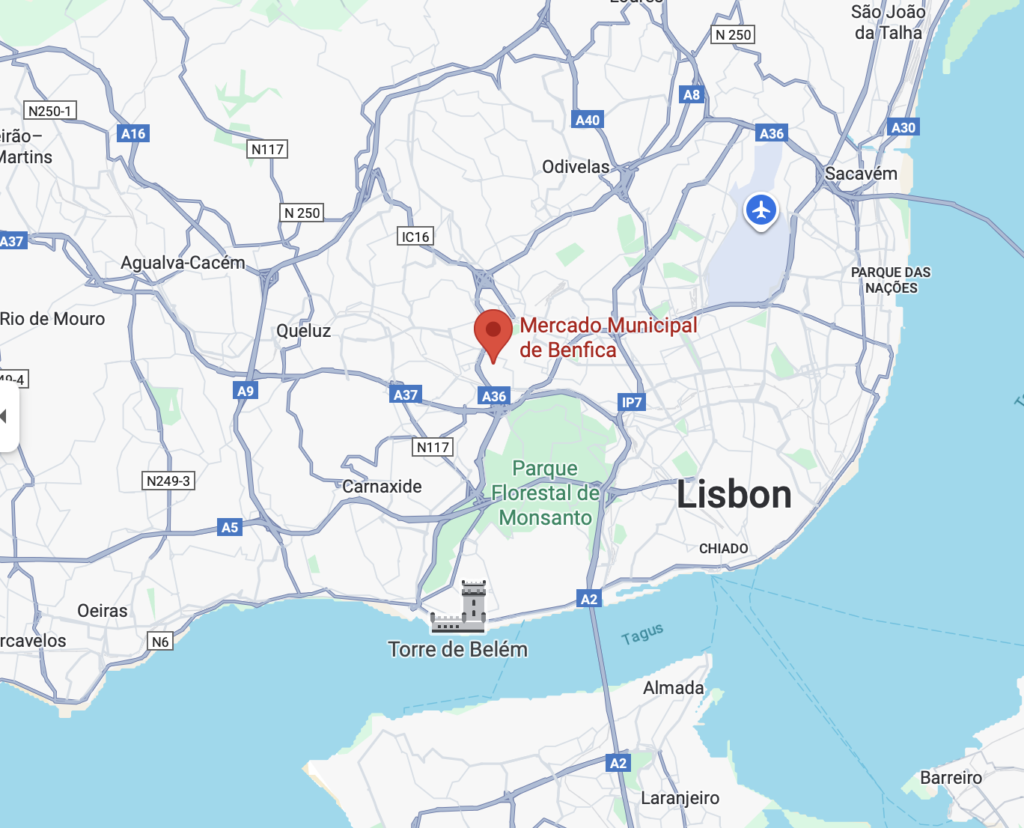Screenshot of a map of Lisbon with a red marker indicating the location of the Mercado Municipal de Benfica. Other identified locations include the Parque Florestal de Monsanto, the airport, and the Torre de Belém.